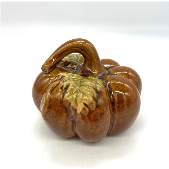 Greenbrier International Brown Ceramic Pumpkin Fall Autumn Thanksgiving 3.25"x3" - Picture 1 of 4